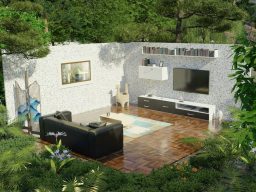 Moderne, helle Wohnräume mit gemütlicher Couch, TV und Pflanzen im Freien.