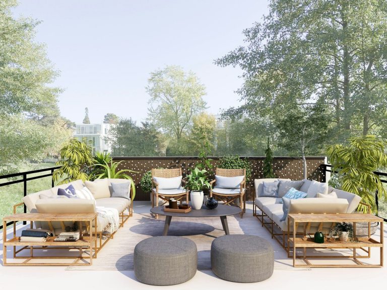 Moderne Terrasse mit stylischen Loungemöbeln und Pflanzen in sonniger Umgebung.